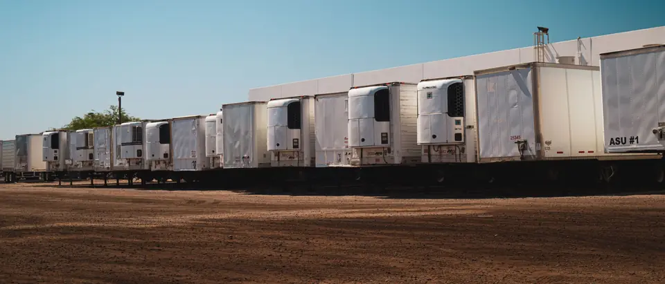 A long row of white refrigerated semitrailers parked on a dirt lot under a clear sky