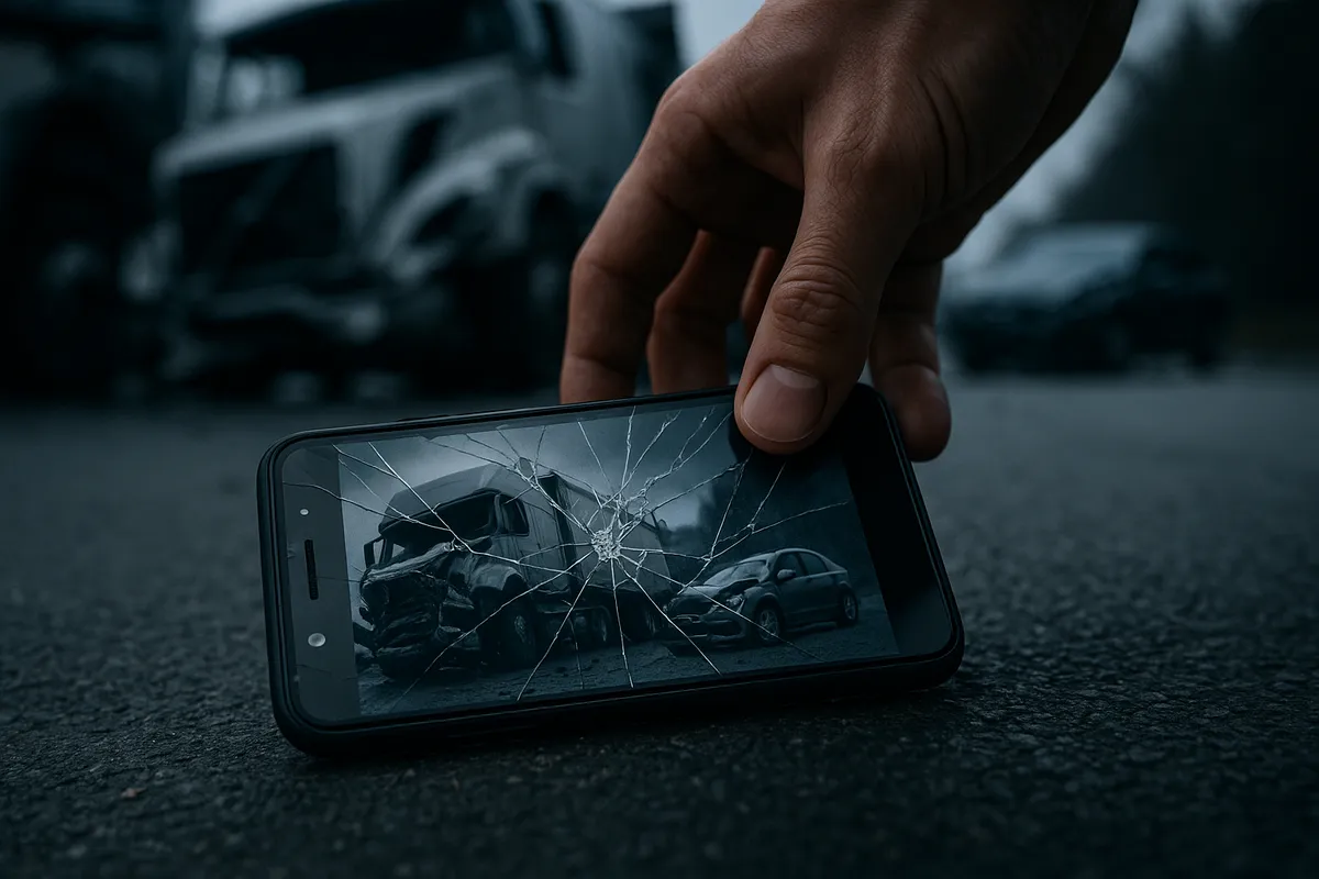 A shattered smartphone on asphalt with a hand picking it up, reflecting the chaos of a truck accident.